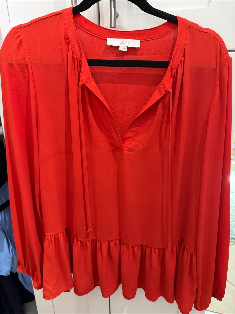 LOFT Bright Red/Dark Orange V-Neck Tie Ruffle Hem Blouse